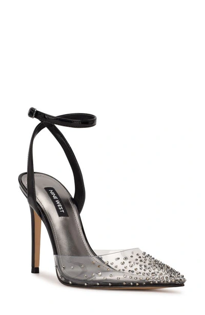 Nine West Women's Foreva3 Pump – Stiletto Heel With Ankle Strap & Rhinestone Toe Detail
