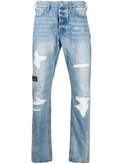 Evisu Distressed-finish Straight-leg Jeans In Blue