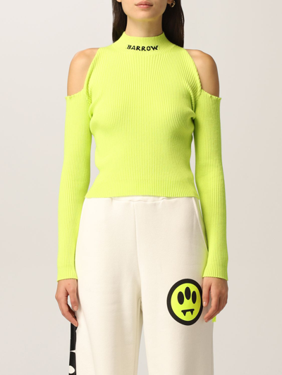 Barrow Woman Fluo Yellow Ribbed Sweater With Logo And Off Shoulders In Lime
