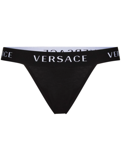 Versace Logo裤腰丁字裤 In Black