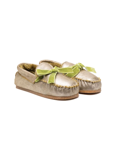 Pèpè Kids' Bow-detail Leather Ballerina Shoes In Gold