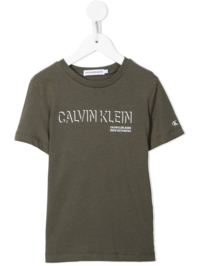Calvin Klein Kids' Logo-print Crew Neck T-shirt In Green