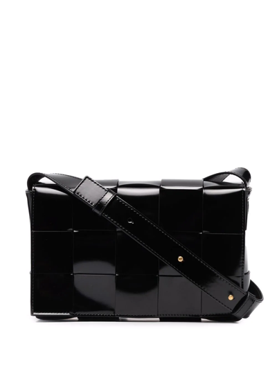 Bottega Veneta Cassette Intrecciato Patent Leather Crossbody Bag In Black Gold
