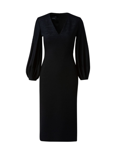 Akris Pleated Puff Sleeve Metallic Wool Sheath Dress In Black
