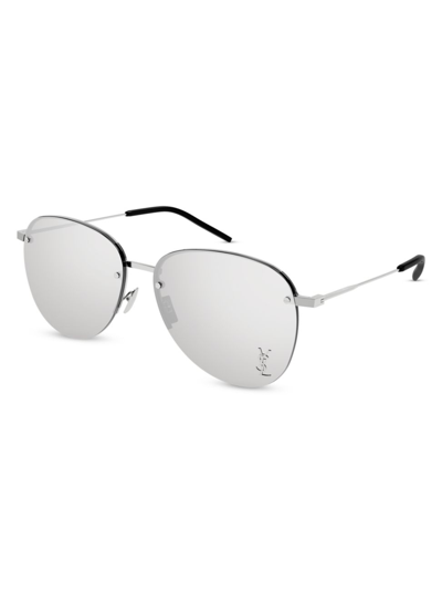 Saint Laurent Mirrored Metal 61mm Navigator Sunglasses In Silver