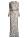Mac Duggal Long Sleeve Embellished Gown In Platinum Gold