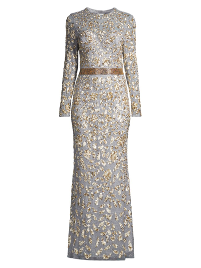 Mac Duggal Long Sleeve Embellished Gown In Platinum Gold