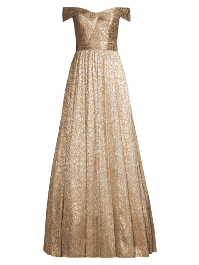 Aidan Mattox Metallic Off-the-shoulder Gown In Gold Multi