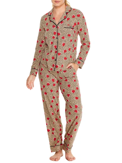 Dkny Sleepwear Notch Collar Knit Pajama Set In Animal Hearts