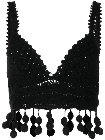 Rosie Assoulin Carmen Miranda Cropped Pompom-embellished Crocheted Cotton-blend Top In Black