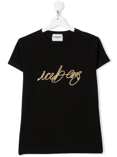 Iceberg Teen Embroidered Logo Stretch-cotton T-shirt In Black