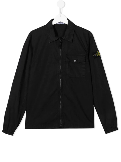 Stone Island Teen Garment Dyed Brushed Cotton Shirt Jacket In Black