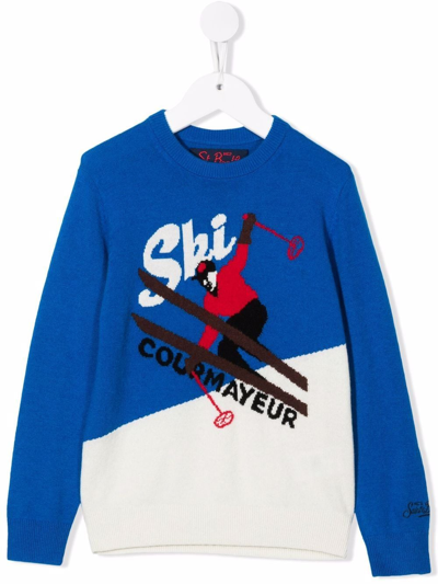 Mc2 Saint Barth Babies' Skiing-motif Intarsia-knit Jumper In Blue