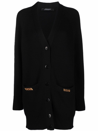 Versace Greca-plaque Ribbed-wool Cardigan In Black