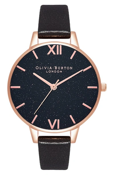 Olivia Burton Glitter Leather Strap Watch, 38mm In Black ModeSens