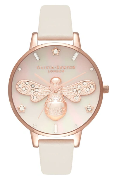 Olivia Burton Sparkle Bee Leather Strap Watch, 34mm In Rose