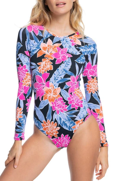 Roxy Juniors' Printed Long-sleeve One-piece Swimsuit Women's Swimsuit In Anthracite Tropical Oasis