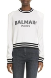 Balmain Logo-intarsia Cropped Jumper In Blanc/ Noir