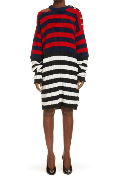 Balmain Button-embellished Cutout Striped Wool-blend Dress In Multi-colour