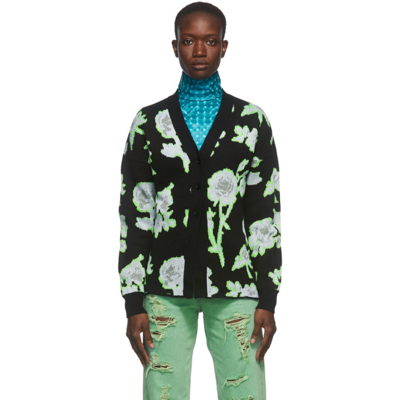 Msgm Black Jacquard Neon Flowers Cardigan