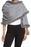 La Fiorentina Faux Fur Trim Wrap Scarf In Grey