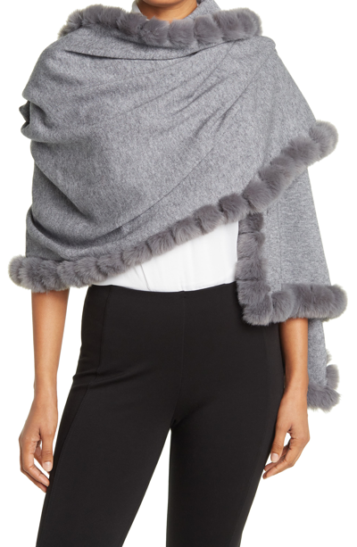 La Fiorentina Faux Fur Trim Wrap Scarf In Grey