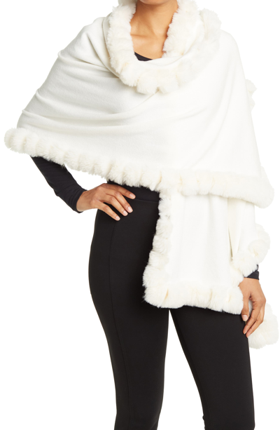 La Fiorentina Faux Fur Trim Wrap Scarf In Ivory