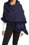 La Fiorentina Faux Fur Trim Wrap Scarf In Navy