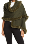 La Fiorentina Faux Fur Trim Wrap Scarf In Olive
