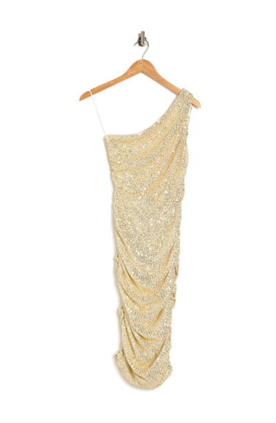 Love By Design Sequin One Shoulder Midi Dress In Gold Ivory
