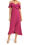 London Times Ruffle Cold Shoulder Maxi Dress In Plumberry