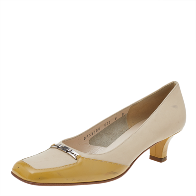 Pre-owned Ferragamo Beige Leather And Patent Leather Pumps Size 38.5