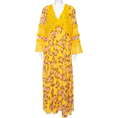 Pre-owned Giamba Yellow Floral Printed Chiffon & Lace Detail Maxi Dress S
