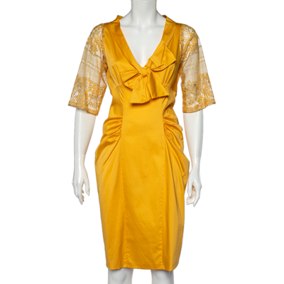 Pre-owned Moschino Yellow Cotton And Lace Sleeve Bow Detail Midi Dress M