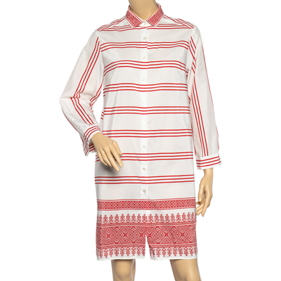 Pre-owned Weekend Max Mara White-red Printed Cotton Short Shirt Dress L