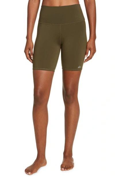 Alo Yoga High Waist Biker Shorts In Dark Olive