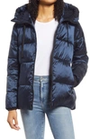 Sam Edelman Iridescent Water Repellent Hooded Puffer Jacket In Navy