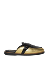 HUMAN RECREATIONAL SERVICES PALAZZO MULE SLIPPER GOLD AND BLACK,B346A9DF-32B2-4CAE-8CE8-884AF2A3F2A2