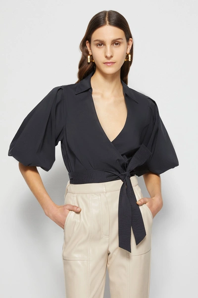 Waverly Js Core Pleated Poplin Balloon S/s Wrap Top Signature Waverly Top In Black