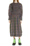 Ganni Shirred Checked Organic Cotton-blend Seersucker Midi Dress In Black