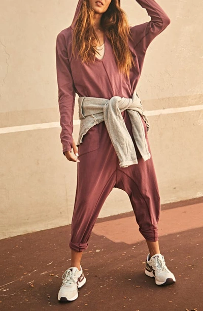Free People Fp Movement Hot Shot Long Sleeve Stretch Cotton Jumpsuit In Cherry Pie