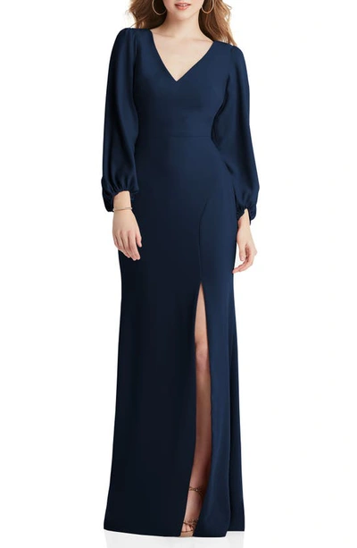 Dessy Collection Bishop Sleeve Open-back Trumpet Gown With Scarf Tie In Blue