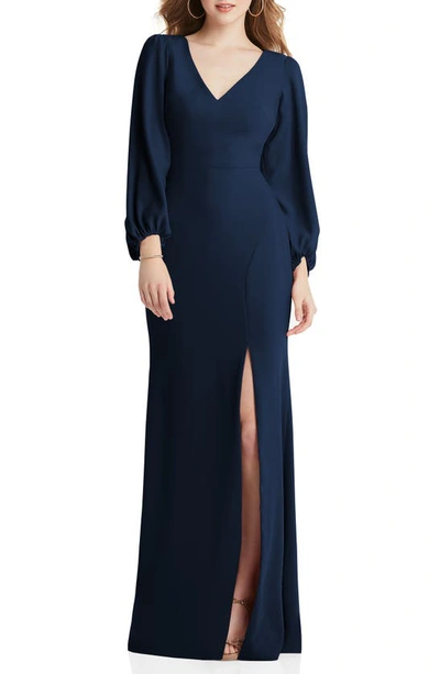 Dessy Collection Bishop Sleeve Open-back Trumpet Gown With Scarf Tie In Midnight