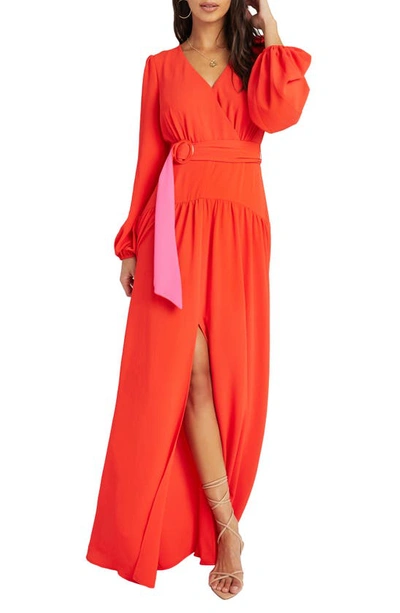 Vici Collection Belted Long Sleeve Maxi Dress In Orange/ Pink | ModeSens