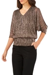 Chaus Metallic Split Sleeve Top In Black/ Copper