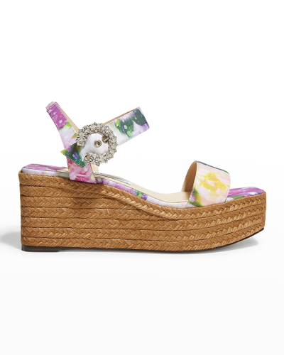 Jimmy Choo Mirabella 70mm Fabric Crystal-buckle Platform Wedge Espadrille Sandals In Mu/cry