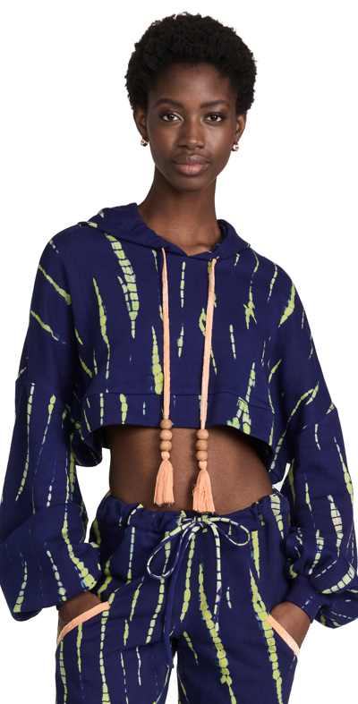 Abacaxi Cropped Baloon Sleeve Hoodie In Blueprint/acid Lime Tie-dye