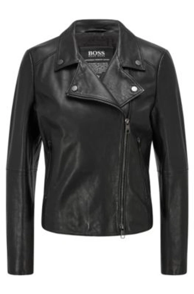 Hugo Boss Regular Fit Biker Jacket In Olivenleder With Monogram Lining In Black