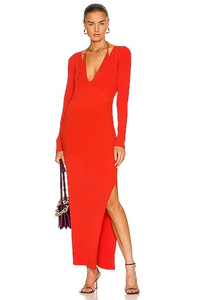 Nicholas Althea Knit Halter Mixed Rib Long Sleeve Midi Dress In Orange |  ModeSens