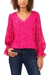 Vince Camuto Smocked Cuff Foil Dot Blouse In Fuchsia Rose